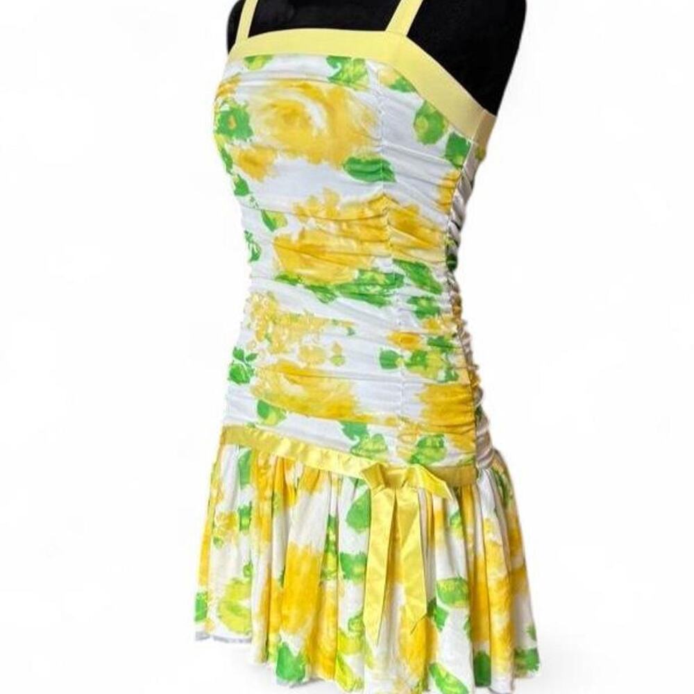 Y2K Ruched Yellow Floral Mini Dress – Coquette Drop Waist Dress XS/S